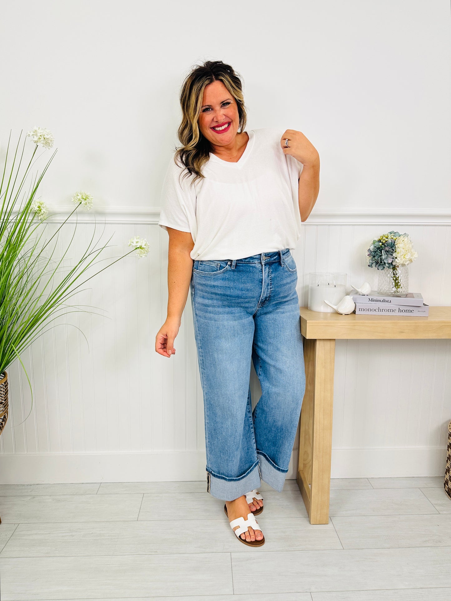 Off The Cuff Wide Leg Cuffed Tummy Control Cropped Jeans