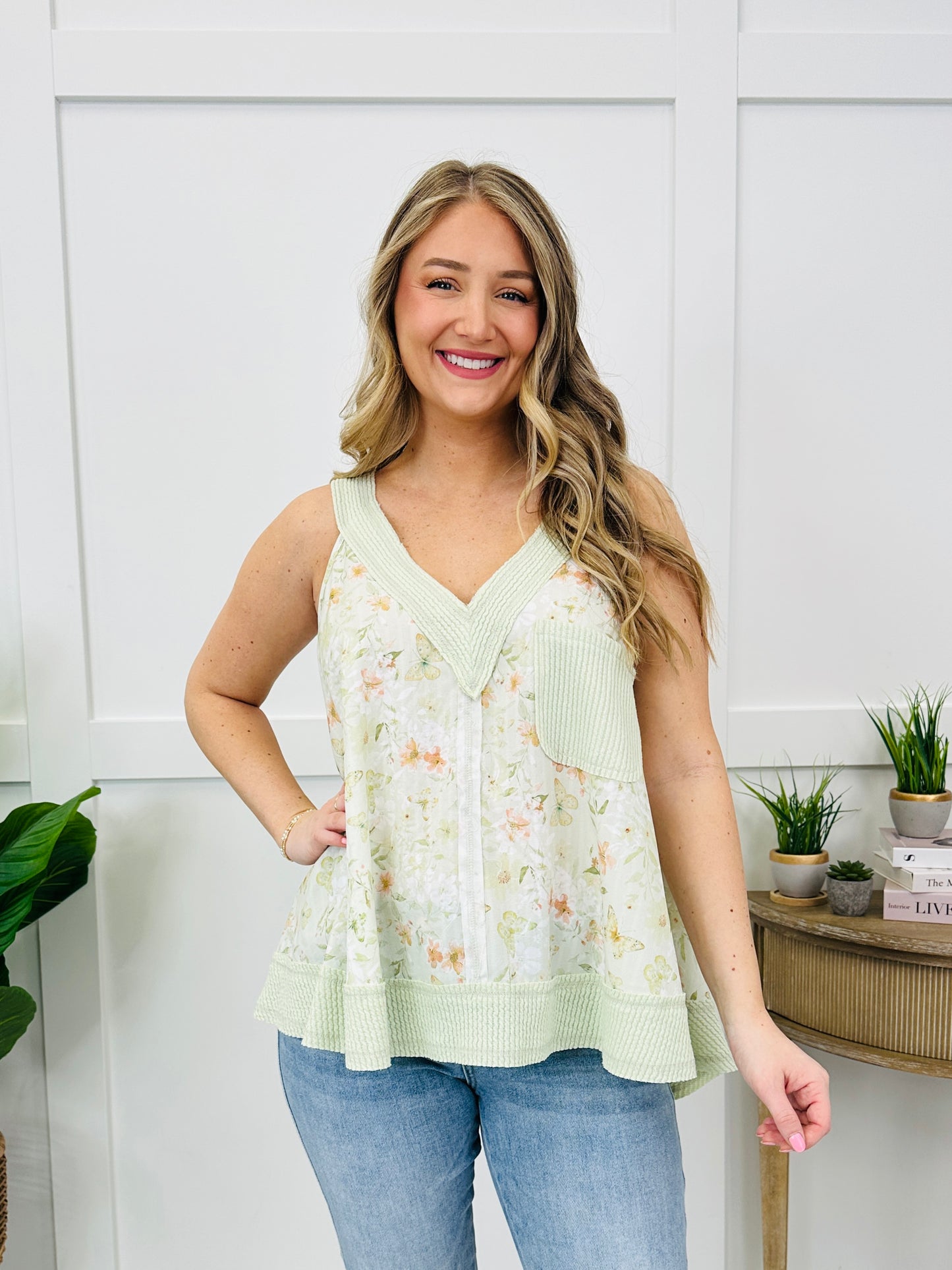 Let It Be Lovely Tank Top In Sage Multi