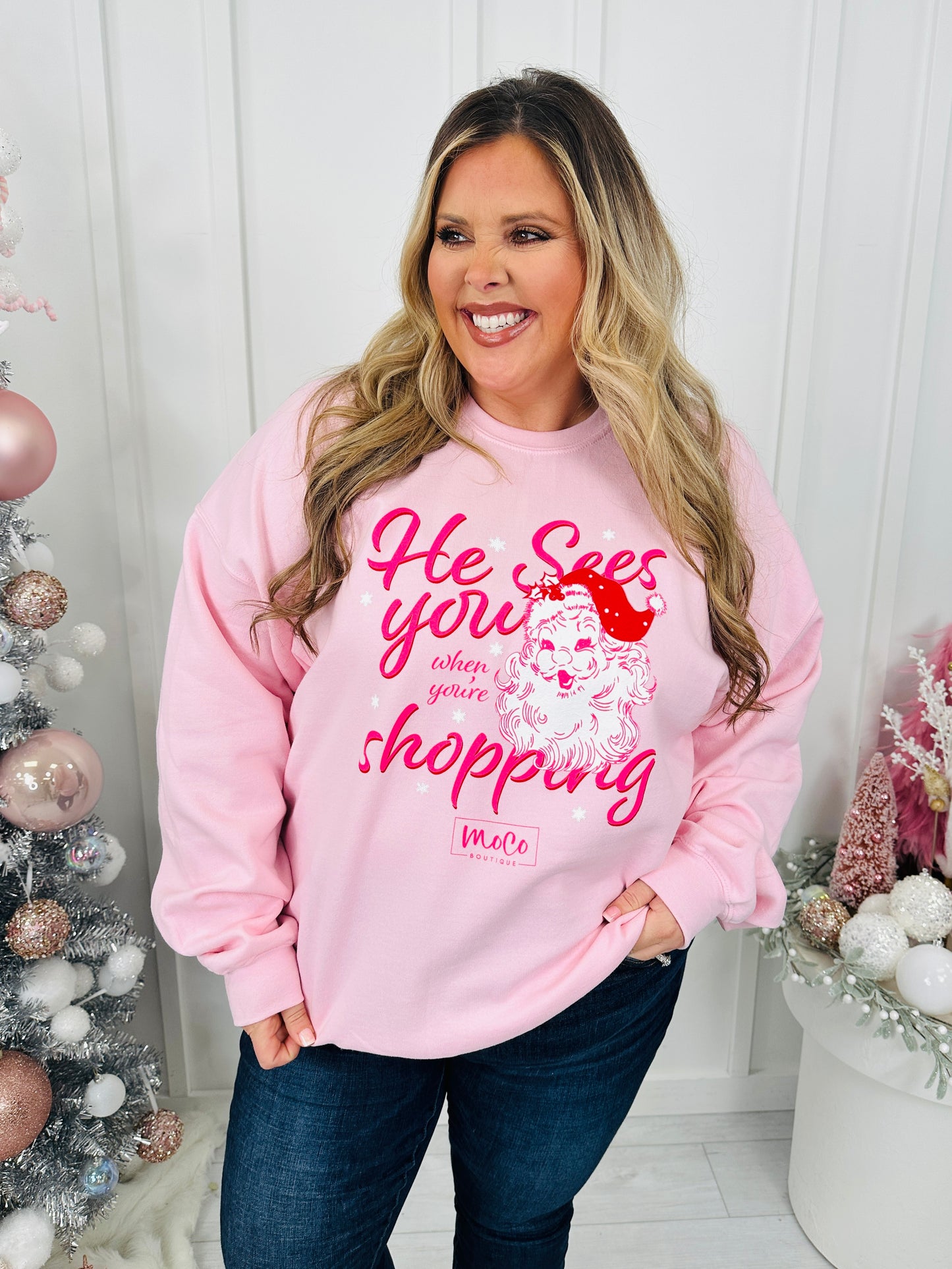 He Sees You Shopping Graphic Crewneck Sweatshirt