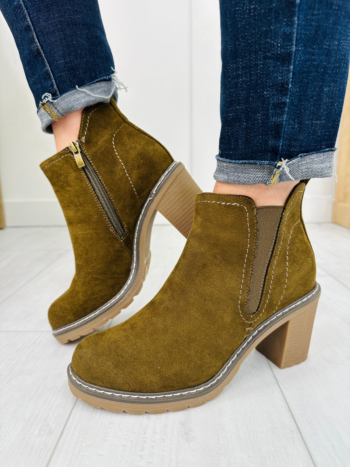 Pick Of The Patch Booties In Olive Suede