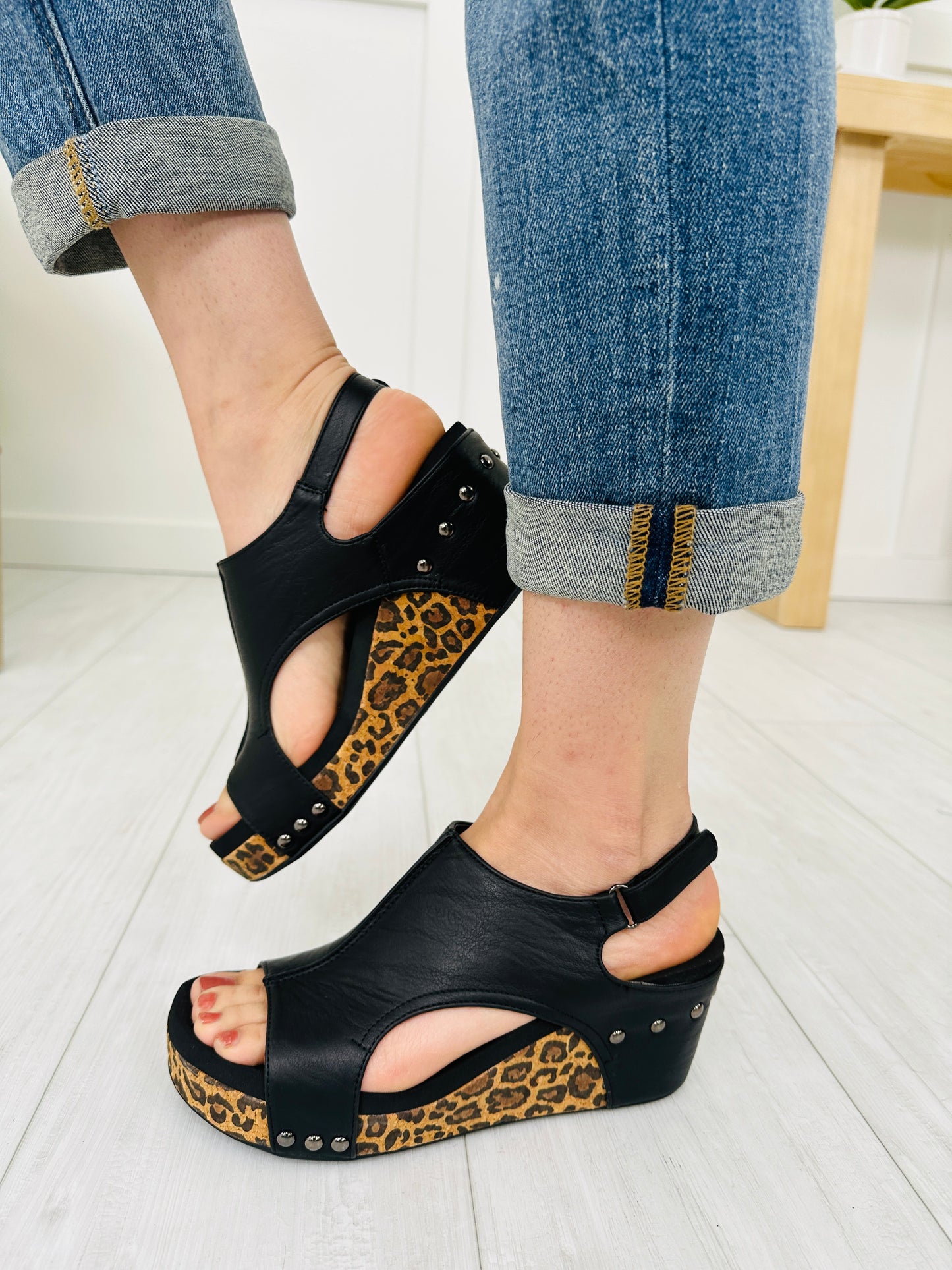 Strut Your Spots Wedges In Black Smooth Leopard