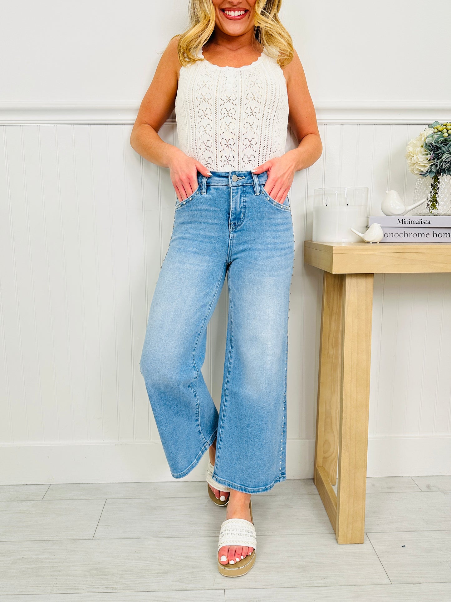 Subtly Studded Tummy Control Wide Leg Cropped Jeans