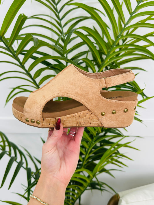 Studded Steps Wedges In Camel Faux Suede