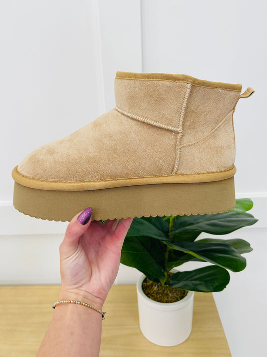 Toasty Terrain Booties In Camel Faux Suede