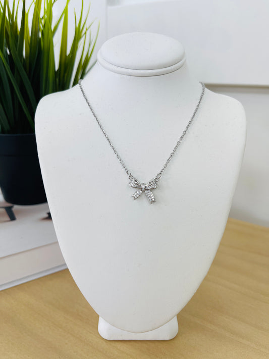 Twinkle Tied Silver Bow Necklace