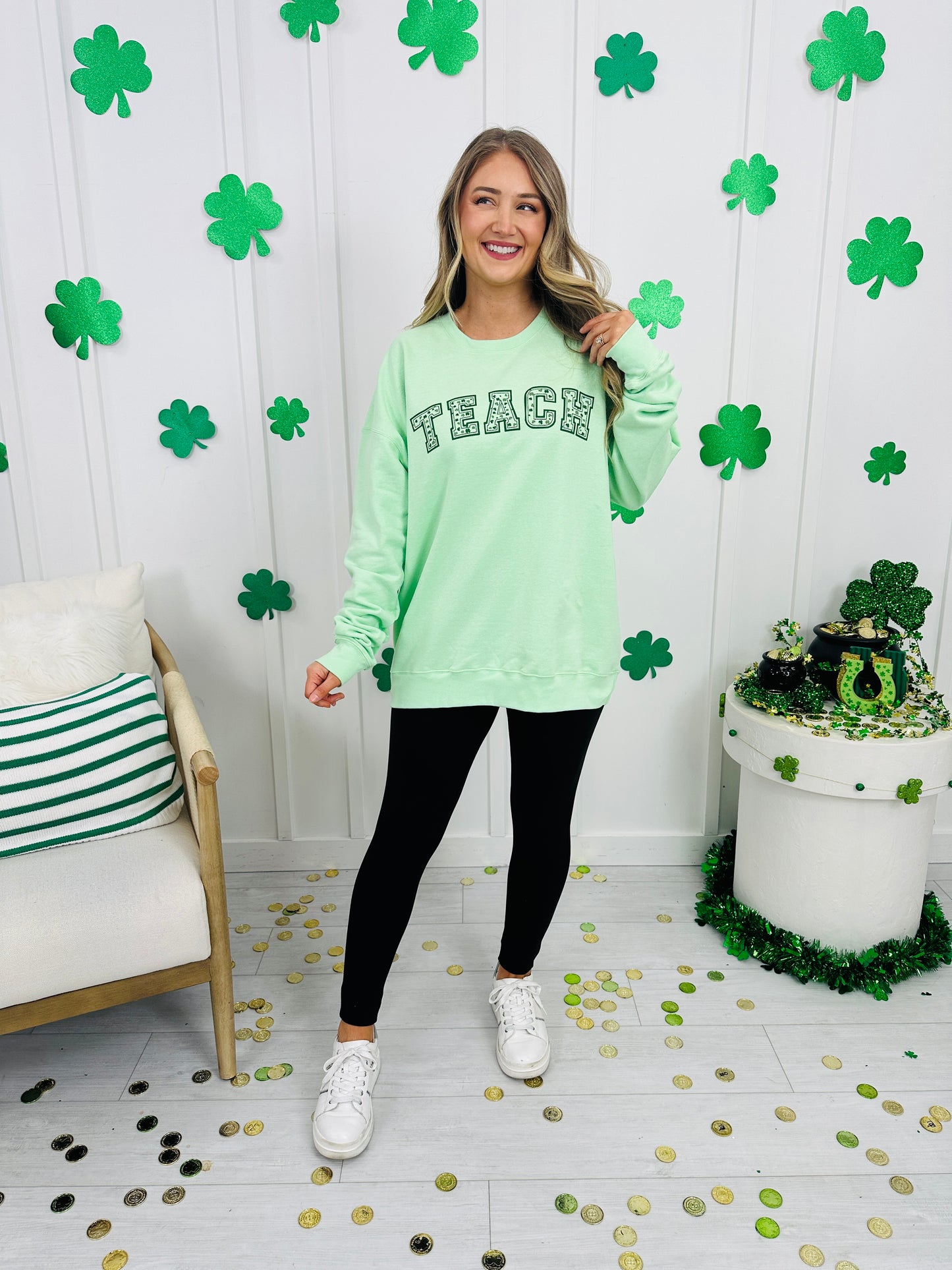 Teach with Clovers Graphic Crewneck Sweatshirt