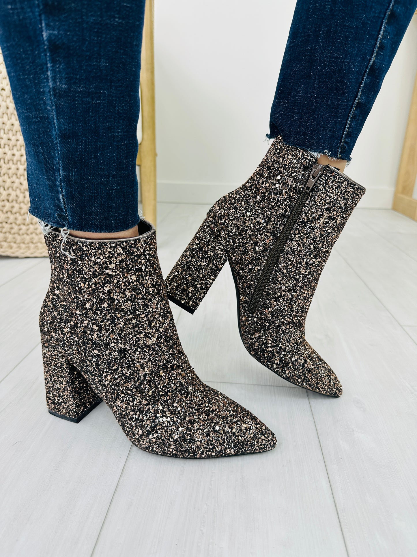 Glam Chain Booties In Pewter Glitter