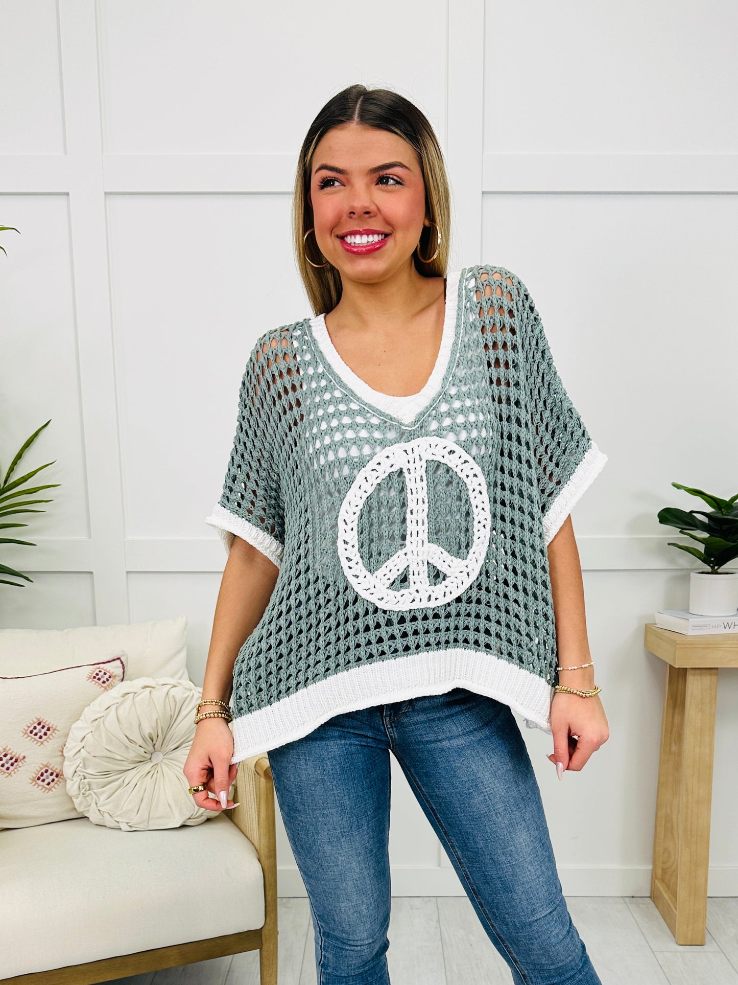 It Begins With Peace Sweater In Sage/Ivory