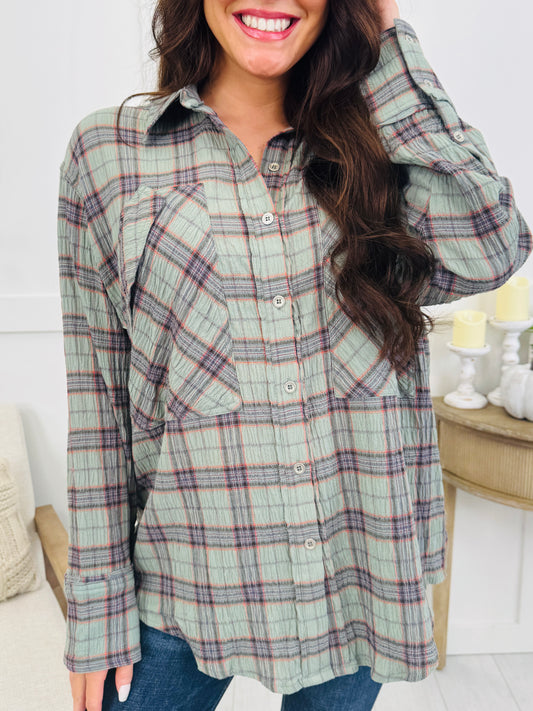 Fall for Plaid Top In Dk Sage
