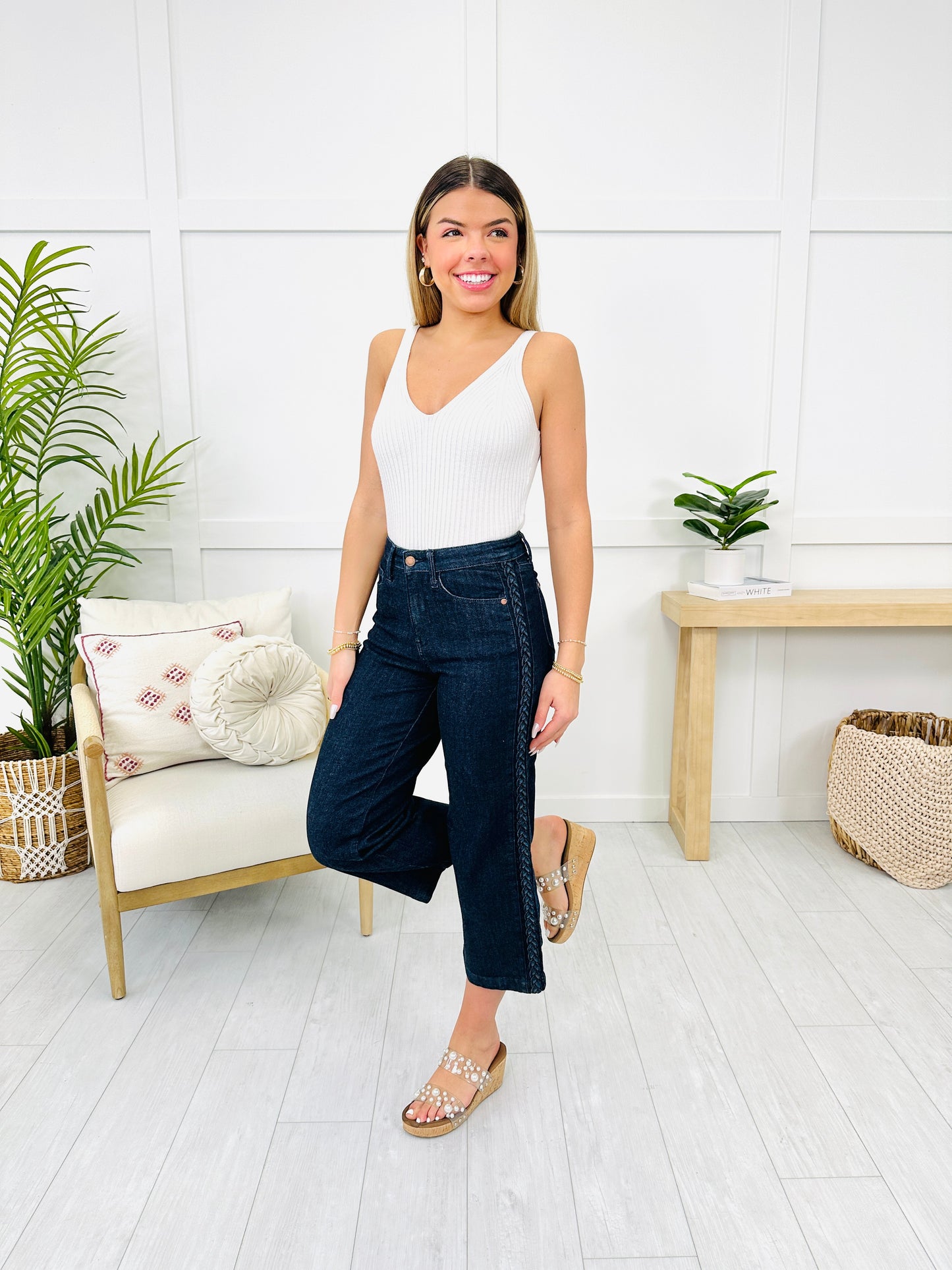 Judy Blue Braid and Boujee Cropped Wide Leg Jeans