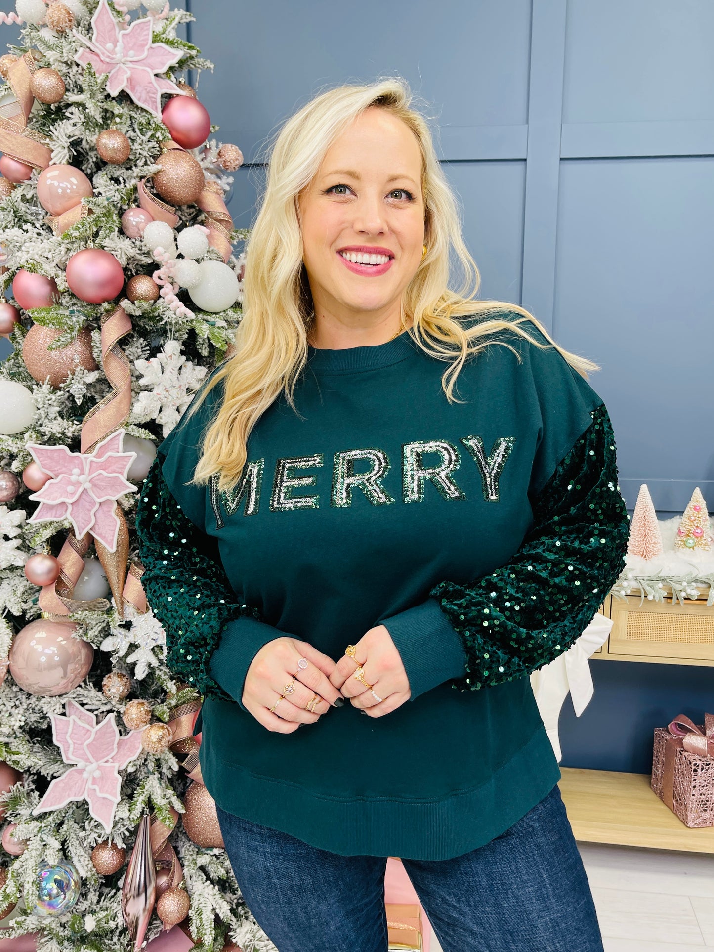 REG/CURVY Merry And Bright Bling Sweatshirt In Hunter Green