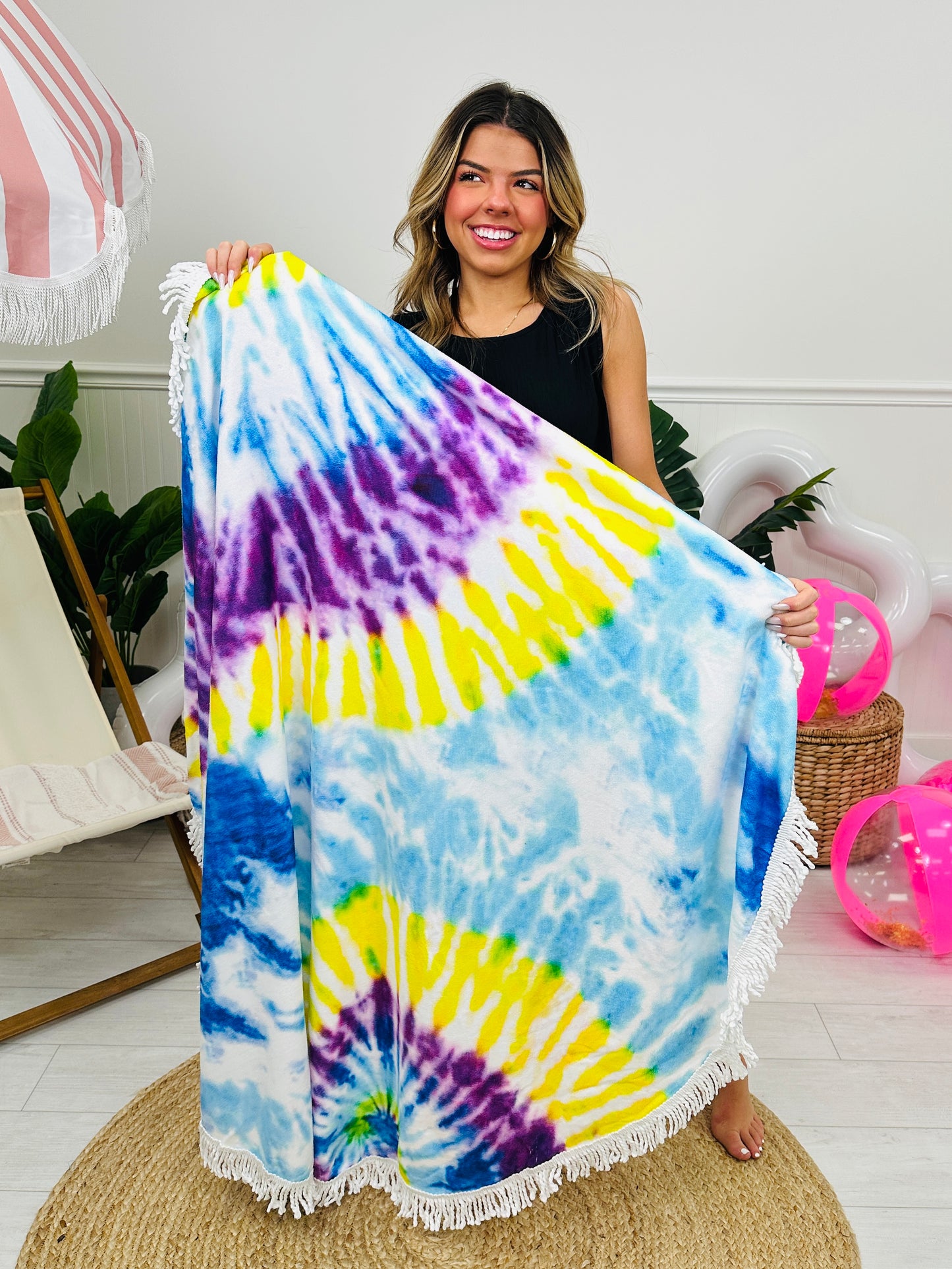 Vibrant Tie Dye Fringe Detail Beach Towel