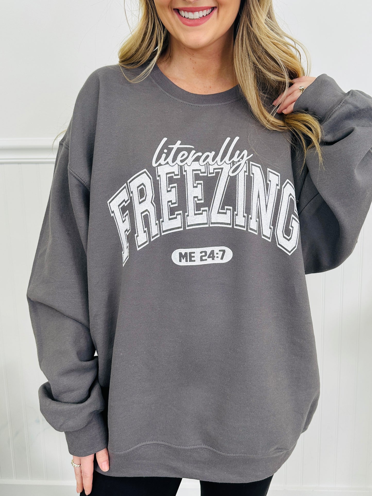 Literally Freezing Graphic Crewneck Sweatshirt In Charcoal