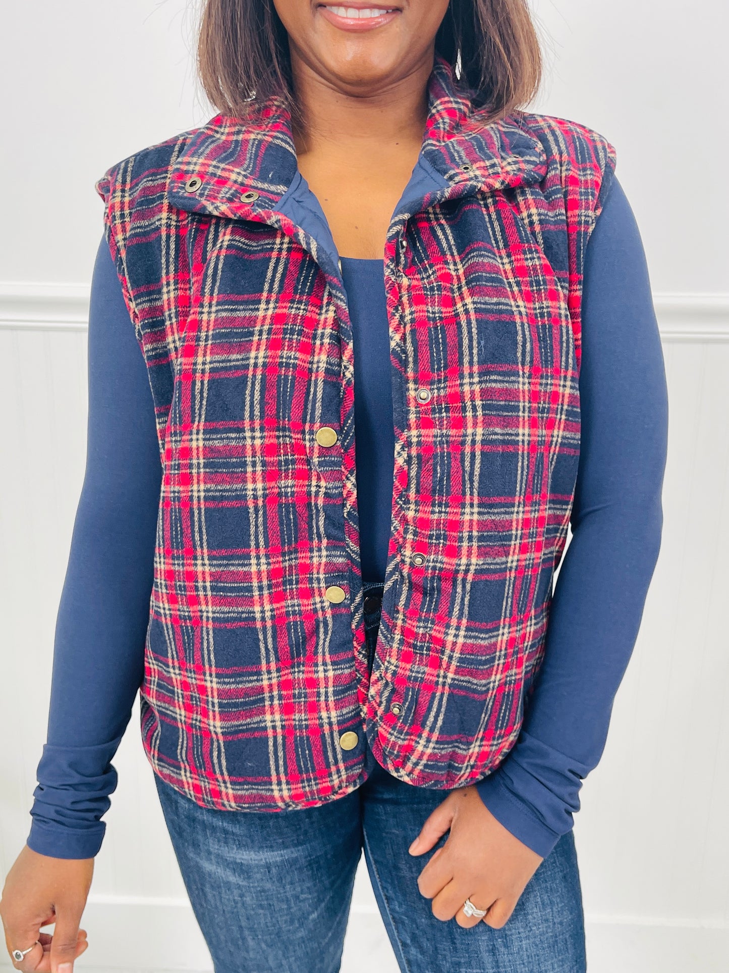Plaid Wishes Vest in Navy/Red