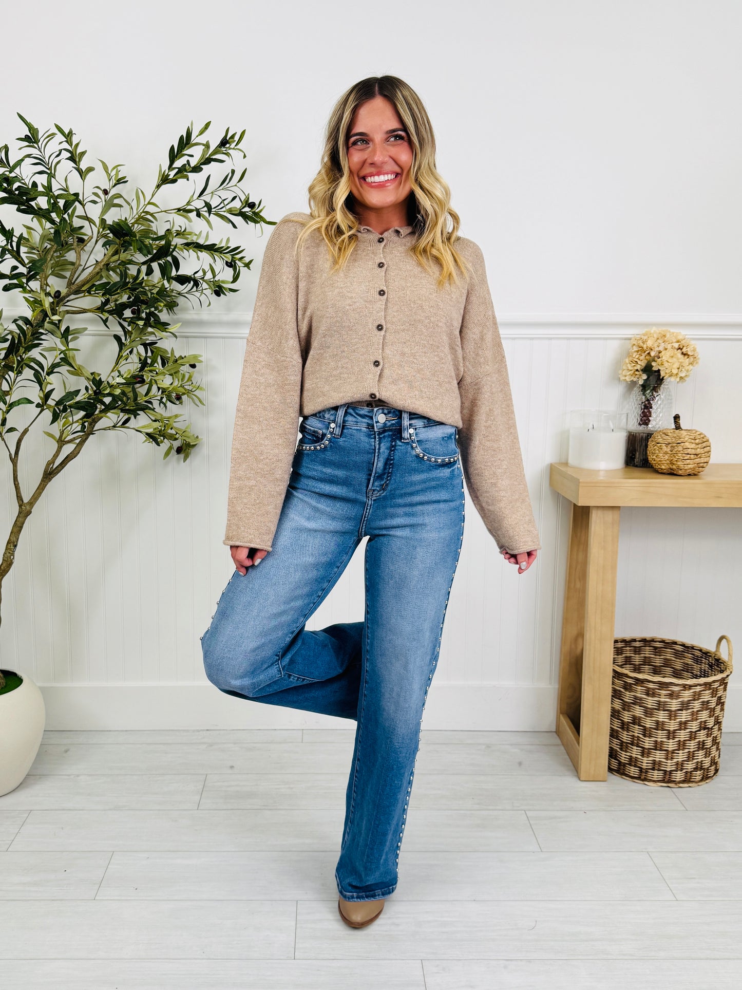 Studded & Styled Tummy Control Wide Leg Jeans