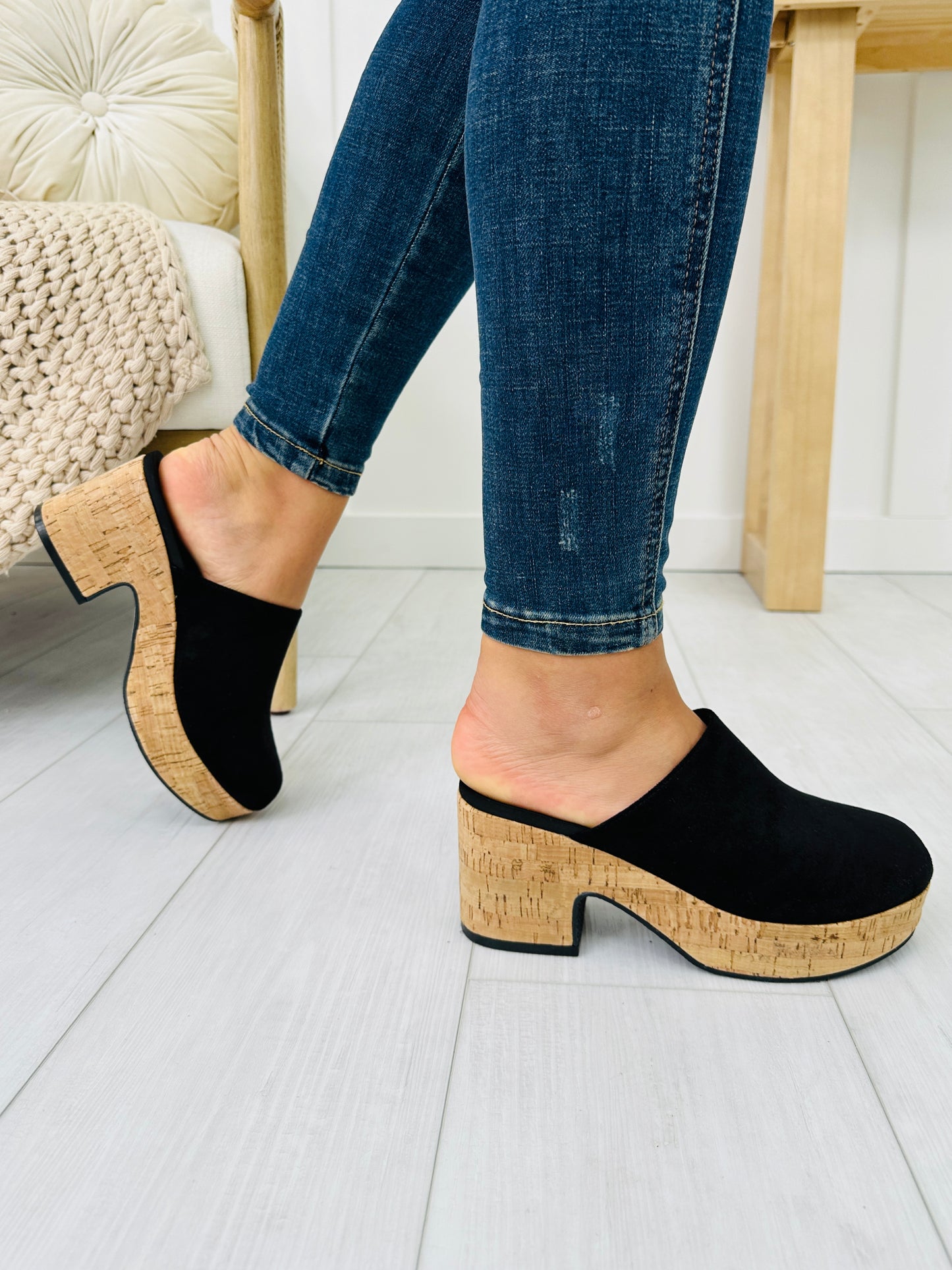 Boho Block Clogs In Black Faux Suede