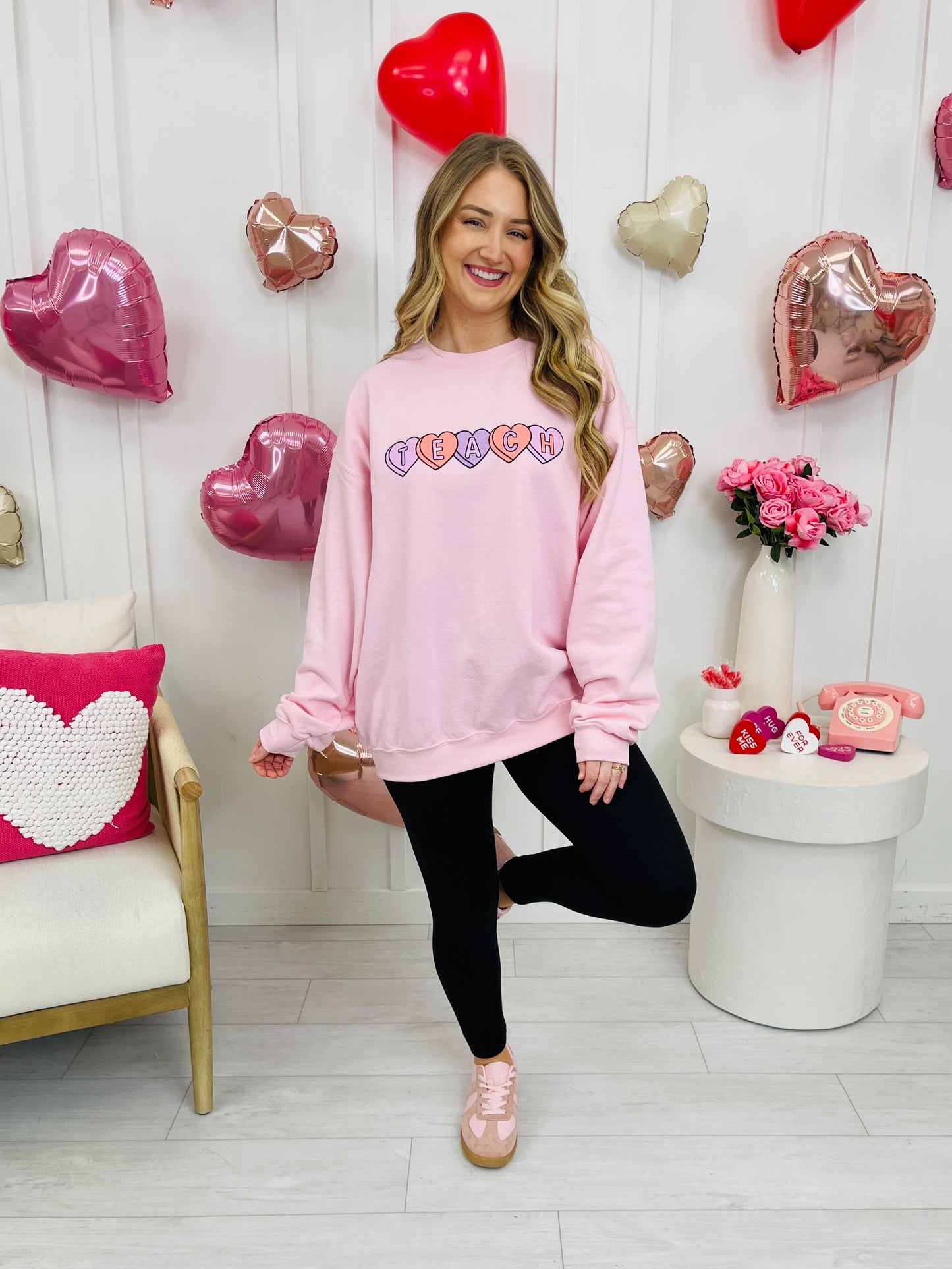 Teach Candy Hearts Graphic Crewneck Sweatshirt