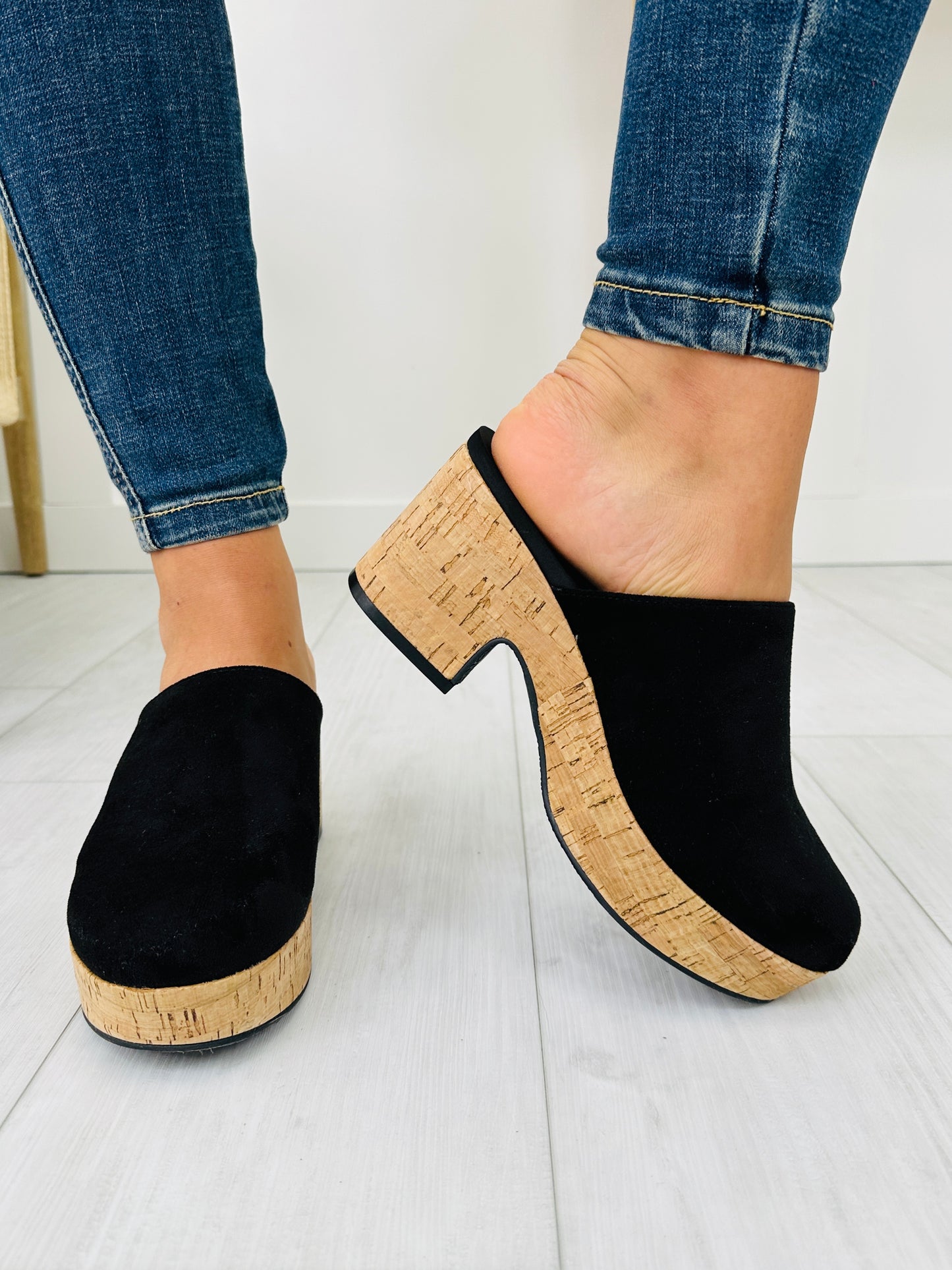 Boho Block Clogs In Black Faux Suede