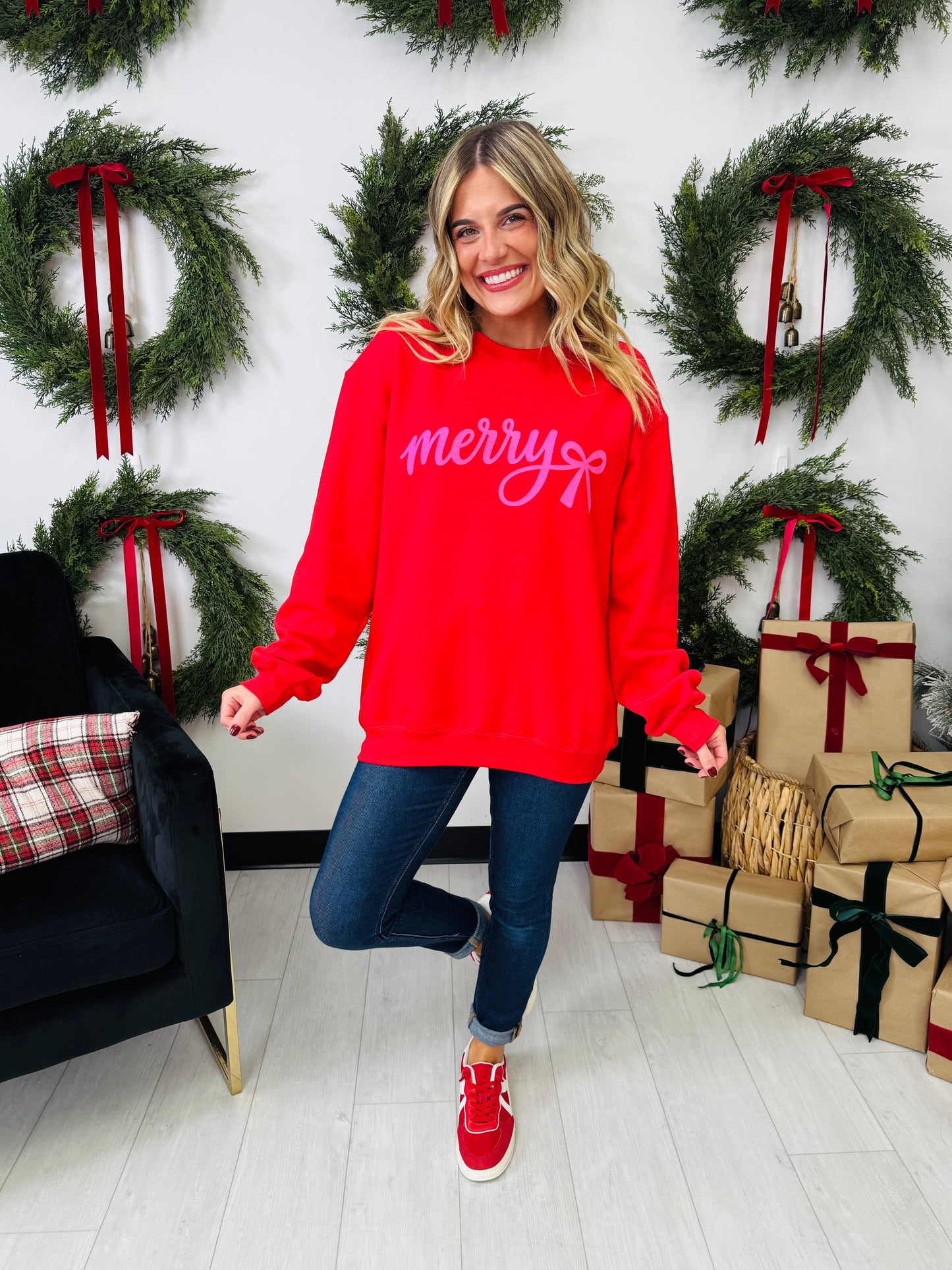 Merry Bow Graphic Crewneck Sweatshirt