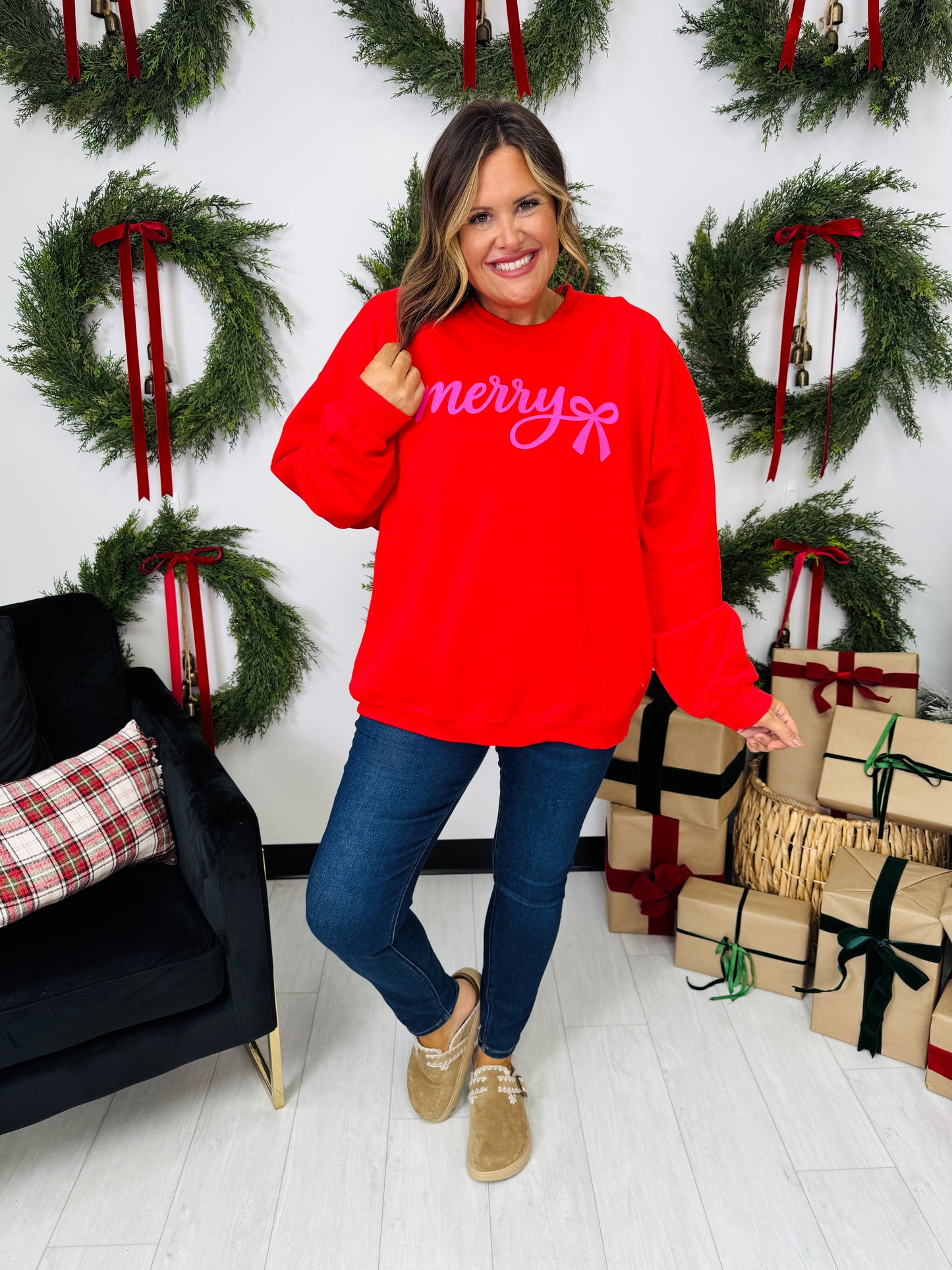Merry Bow Graphic Crewneck Sweatshirt