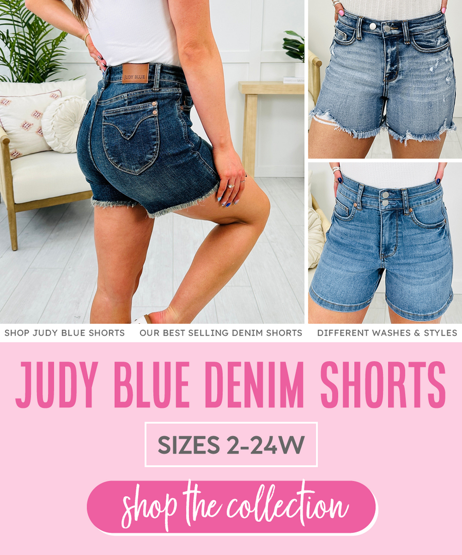 Our models are wearing our newest Judy Blue denim shorts! Three photos of different styles from double buttons at the waistband to frayed hem with distressing we have the shorts you're looking for!