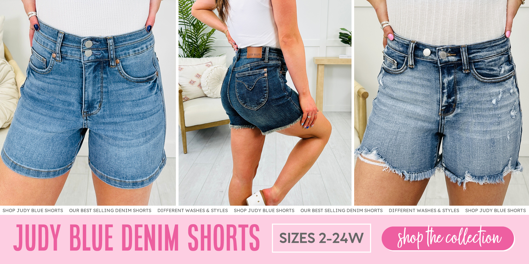 Our models are wearing our newest Judy Blue denim shorts! Three photos of different styles from double buttons at the waistband to frayed hem with distressing we have the shorts you're looking for!