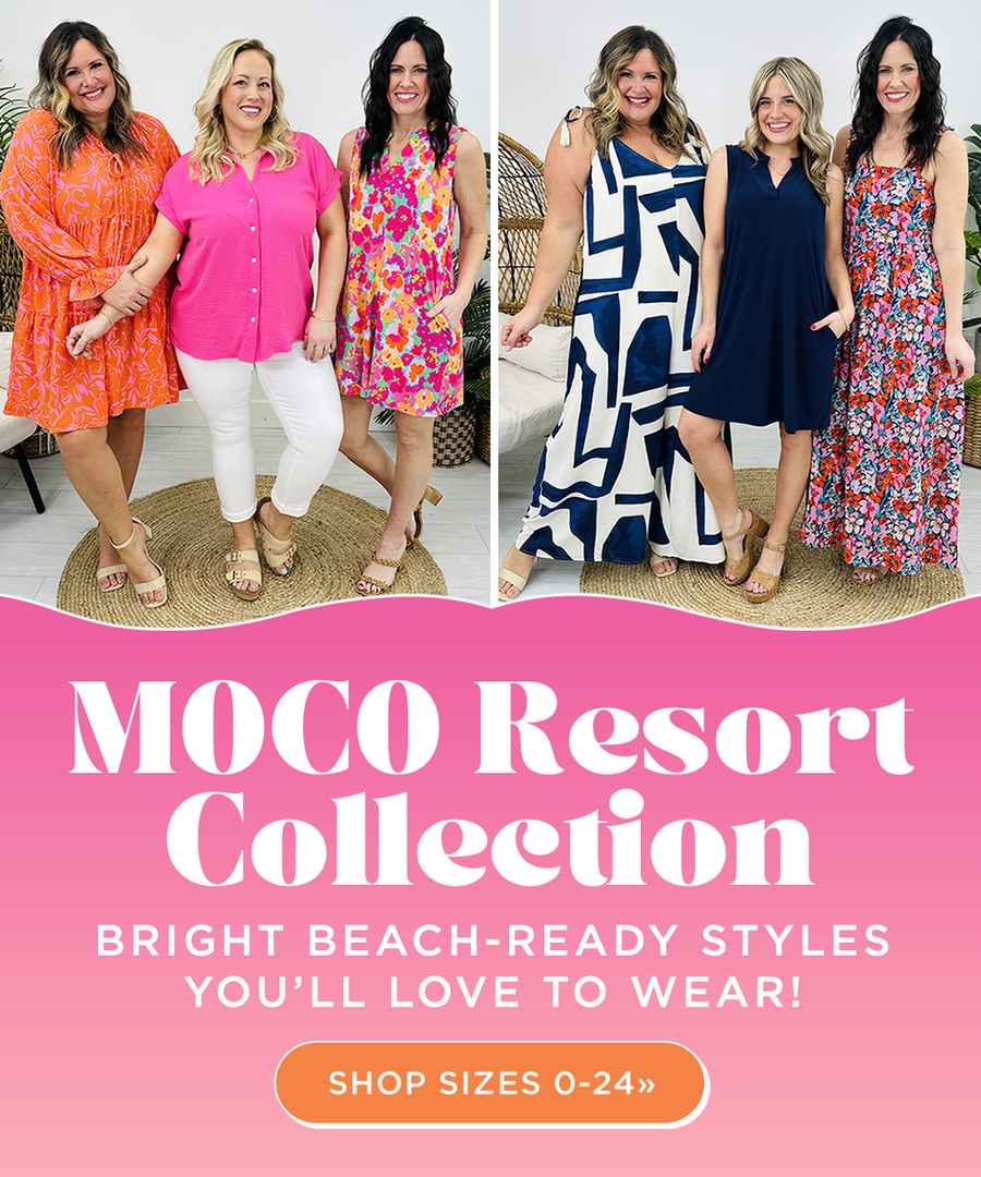 Check out the MOCO Resort Collection filled with fun summer prints and vacation ready styles! Our models are showing flowery bright styles for all your summer activities!