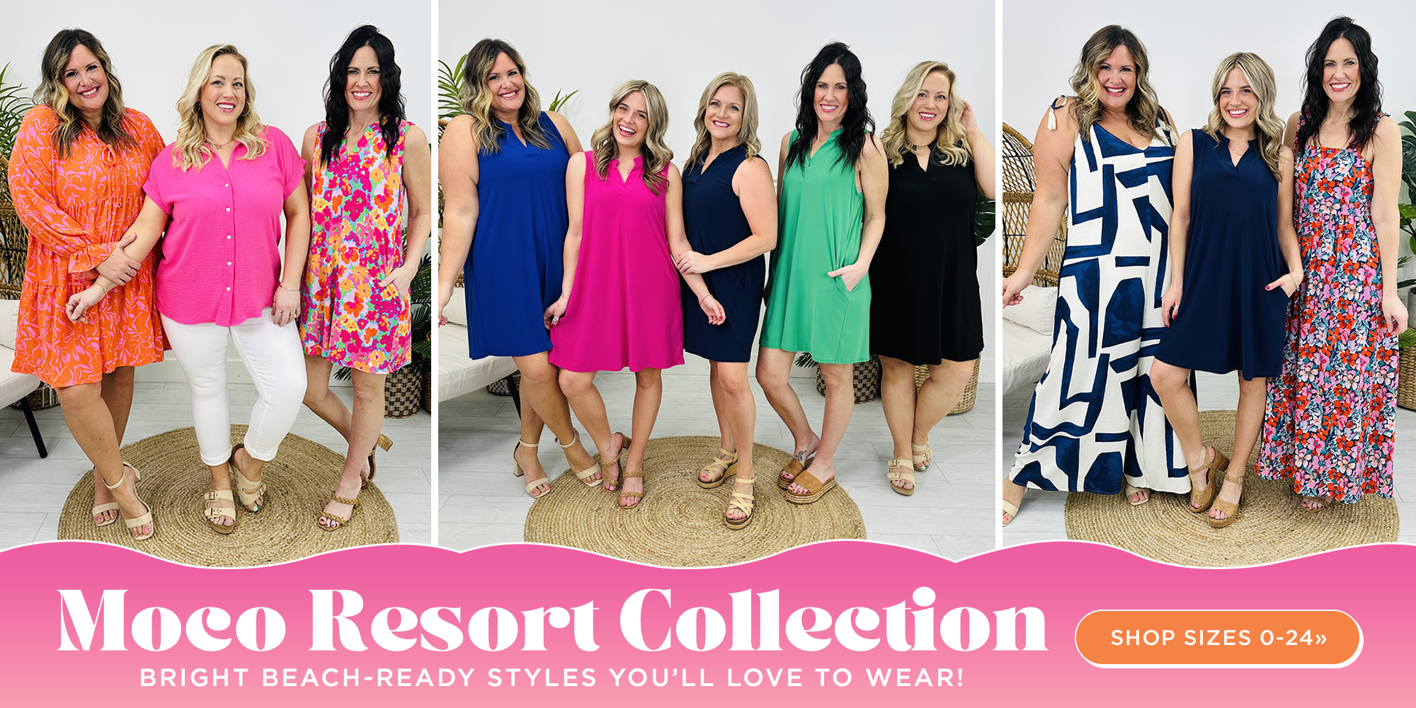 Check out the MOCO Resort Collection filled with fun summer prints and vacation ready styles! Our models are showing flowery bright styles for all your summer activities!