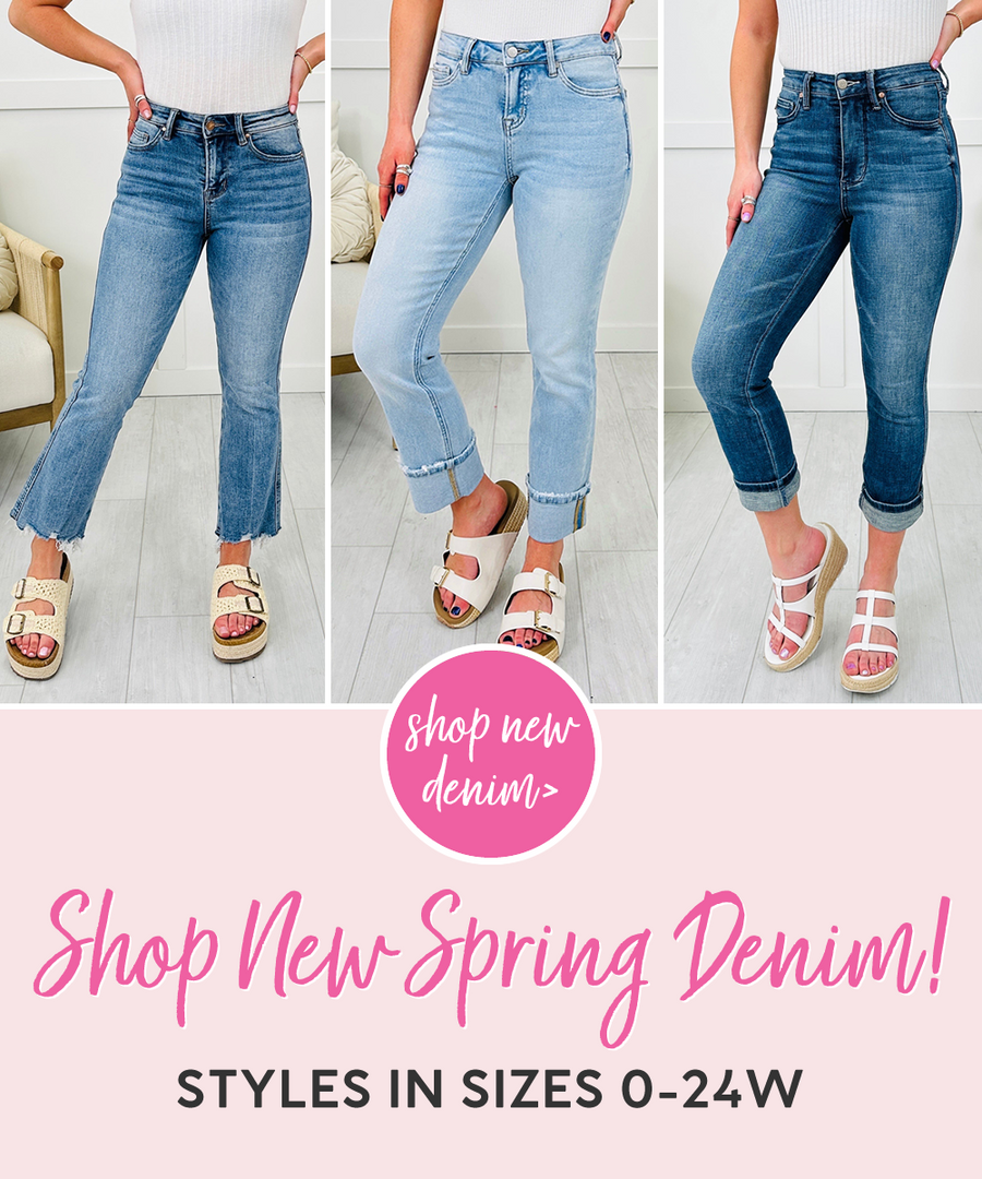 Our models are showing off MOCO's newest denim arrivals for spring! Photo shows 3 different washes of cropped denim with adorable flare and cuffed styles. Shop today!