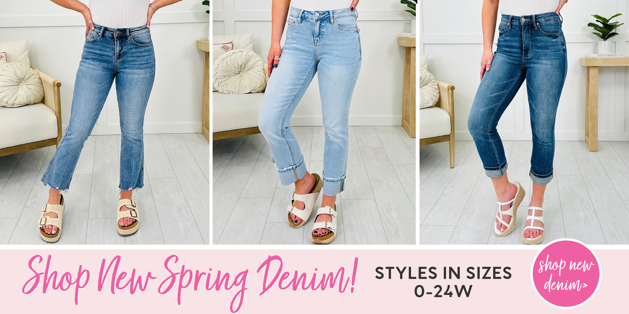 Our models are showing off MOCO's newest denim arrivals for spring! Photo shows 3 different washes of cropped denim with adorable flare and cuffed styles. Shop today!