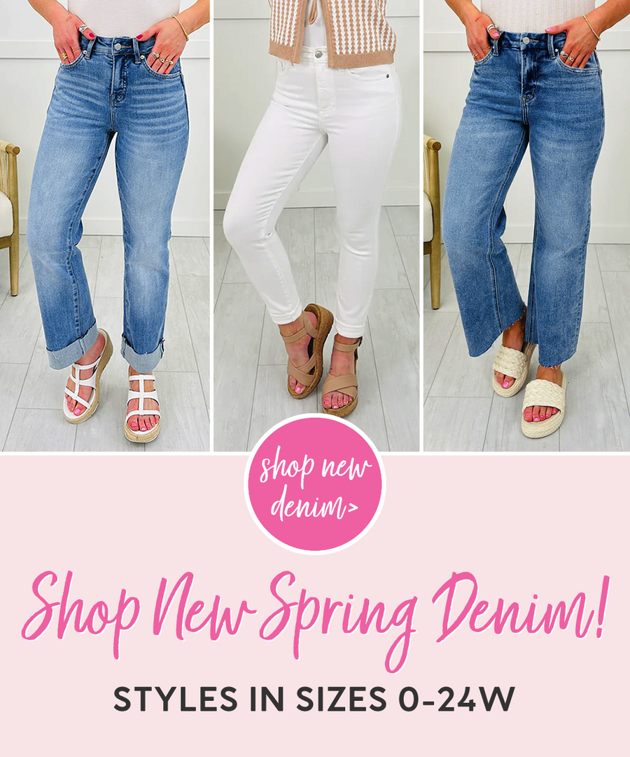 Our models are showing off MOCO's newest denim arrivals for spring! Photo shows 3 different washes of cropped denim with adorable flare and cuffed styles. Shop today!